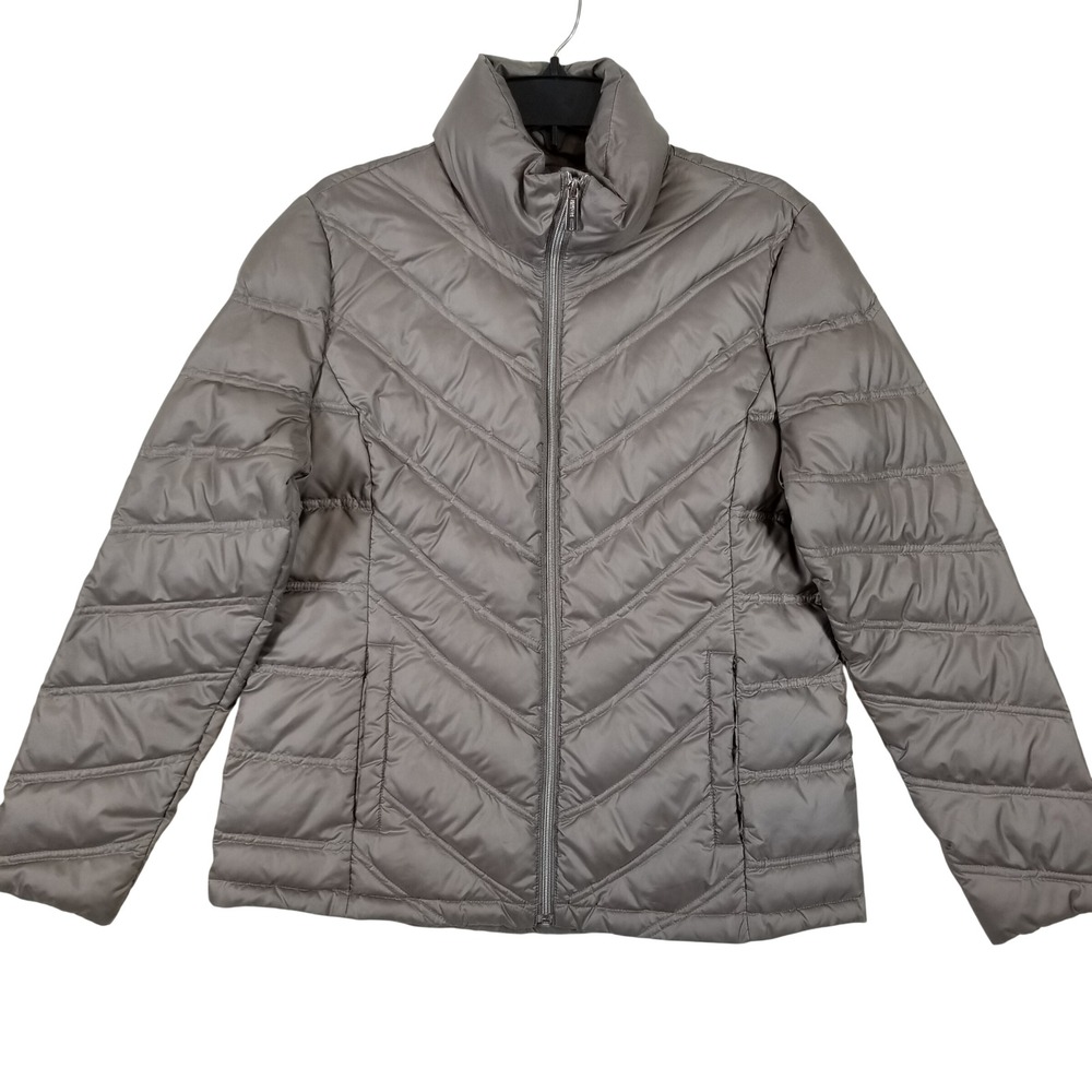 Kenneth Cole Reaction Womens Gray Chevron Puffer Jacket Down Fill Large RN54163